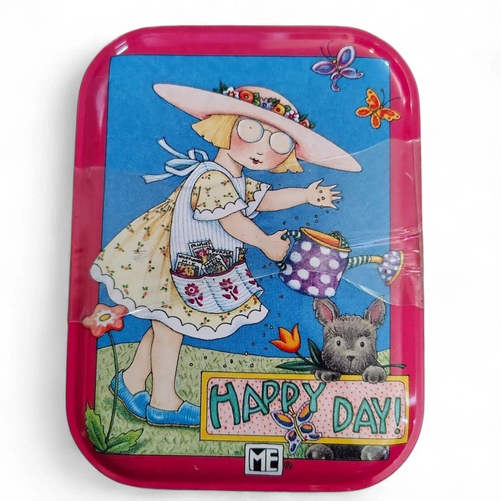 Mary Engelbreit Happy Day Storage Tin Box Girl Dog Garden Watering Can 4x3 Small